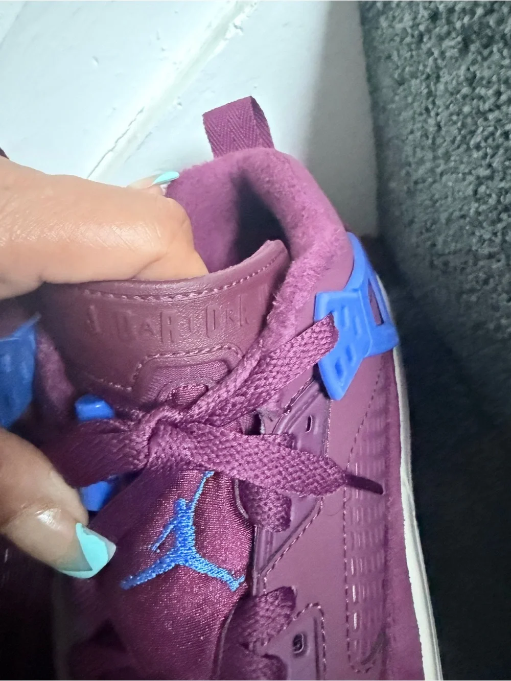 Jordan Kids Burgundy High-Top Sneakers with Blue Accent